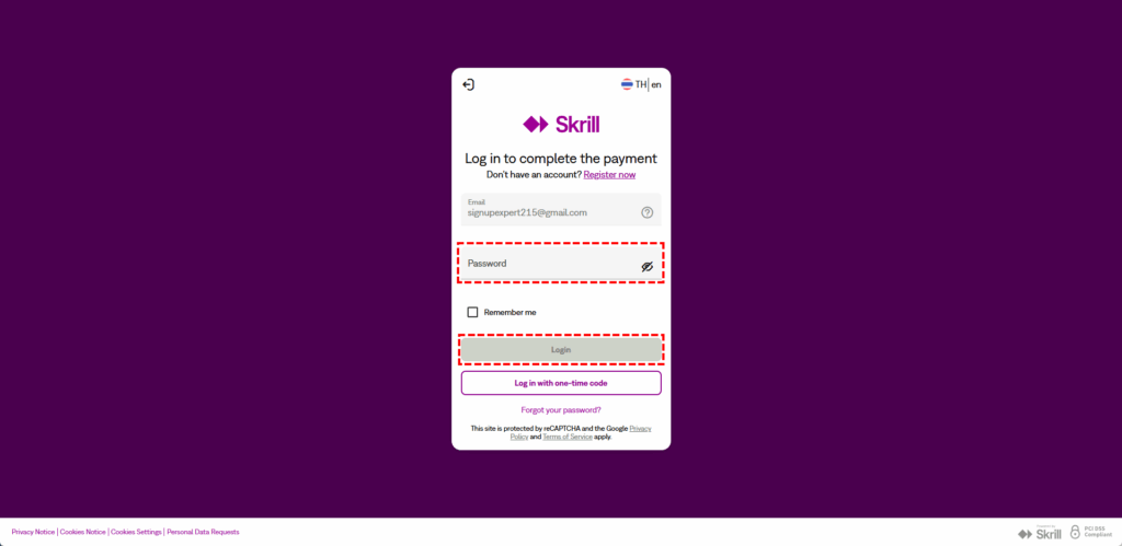 ภาพแสดงหน้าจอล็อกอิน Skrill เวอร์ชันคอมพิวเตอร์