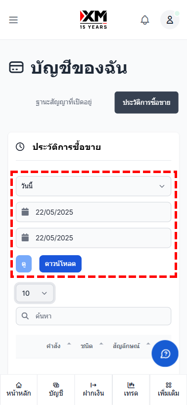 หน้าจอแสดงประวัติการซื้อขาย XM ที่ไม่มีรายการ