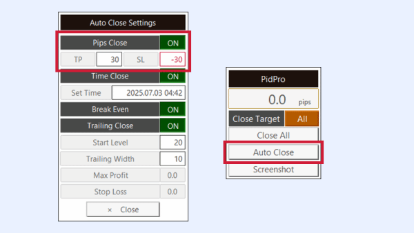 ภาพแสดงฟีเจอร์ปิดออเดอร์อัตโนมัติตาม pips ของ PidPro