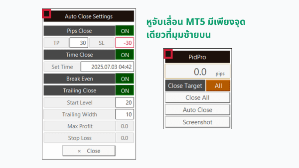 ตำแหน่งมือจับสำหรับเลื่อนแผงของ PidPro เวอร์ชัน MT5