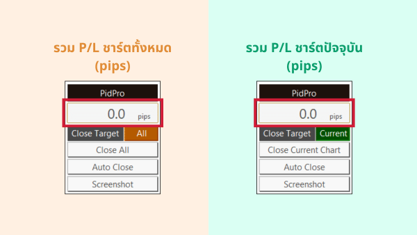 ภาพแสดงฟีเจอร์การแสดงผลกำไรขาดทุนรวม pips ของ PidPro