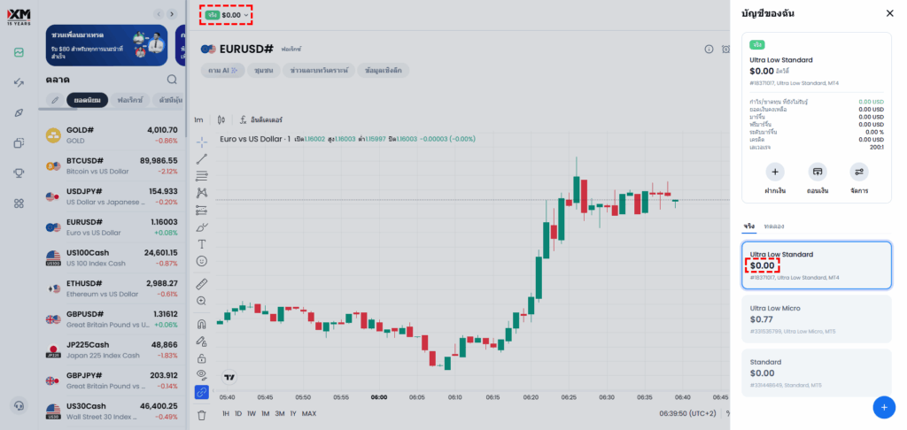 หน้าจอการปิดบัญชีของ XM ตรวจสอบยอดเงินให้เป็นศูนย์