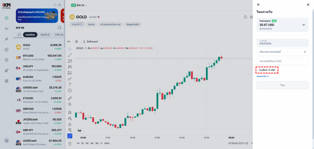 XM ภาพตัวอย่างจำนวนเงินขั้นต่ำที่แสดงเมื่อทำการโอนระหว่างบัญชี