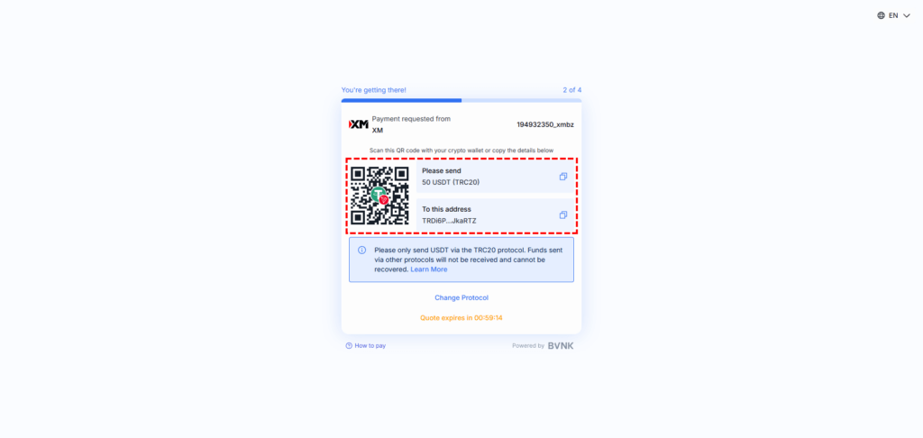 XM หน้าชำระเงิน Crypto แสดง QR Code และที่อยู่วอลเล็ตสำหรับฝาก 50 USDT TRC20