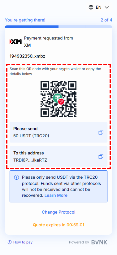 XM หน้าชำระเงิน Crypto แสดง QR Code และที่อยู่วอลเล็ตสำหรับฝาก 50 USDT TRC20