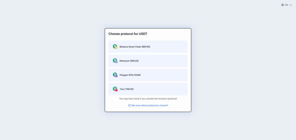 หน้าเลือกเครือข่ายบล็อกเชน USDT BEP20 ERC20 Polygon TRC20 คำเตือนเลือกโปรโตคอล