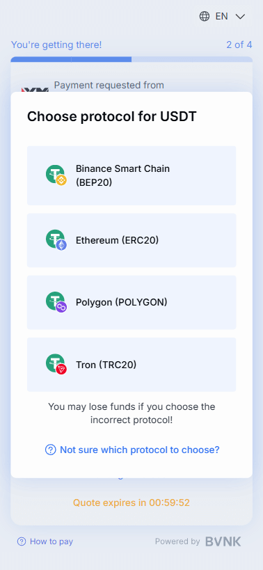 หน้าเลือกเครือข่ายบล็อกเชน USDT BEP20 ERC20 Polygon TRC20 คำเตือนเลือกโปรโตคอล