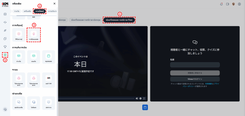 หน้าจอแสดงการสัมมนาออนไลน์เกี่ยวกับสภาวะตลาดของ XM